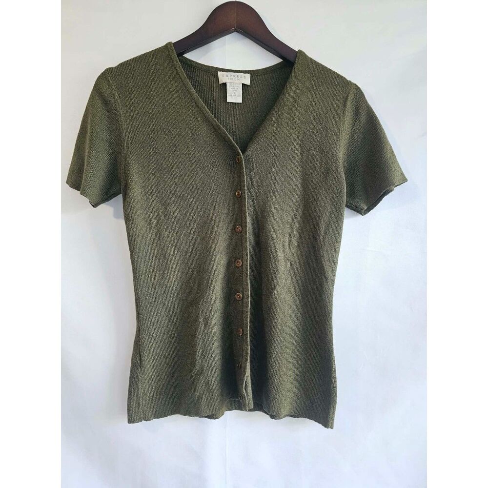 Cottagecore Vintage Express Tricot Olive Green Knit Button Front Top Size M